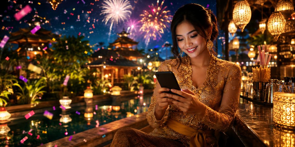 Pengguna mengakses casino mobile di malam hari dengan dekorasi lentera festival